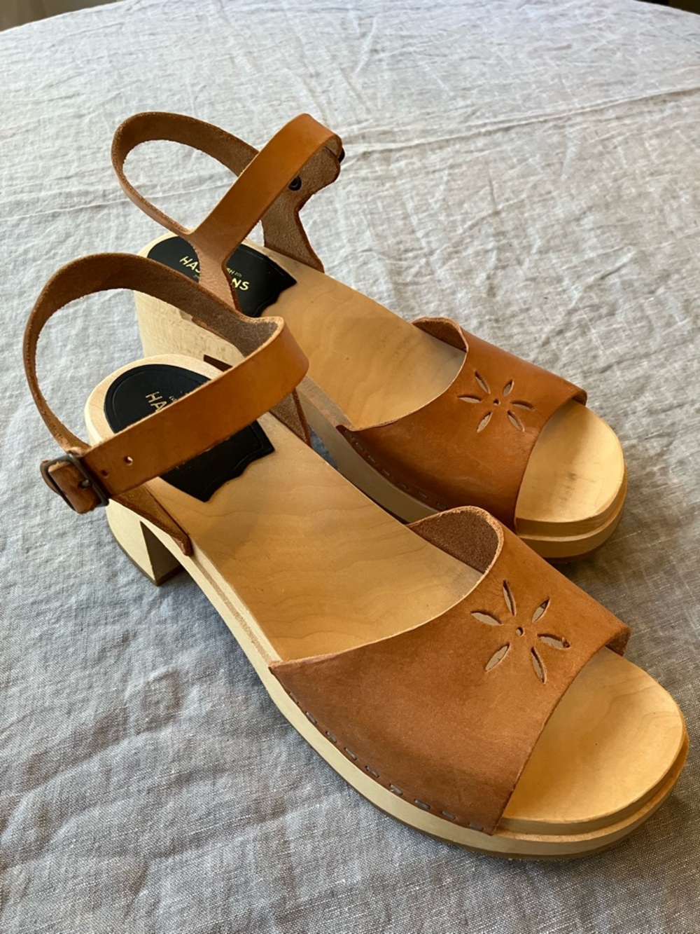 Swedish Hasbeens Tan Leather Ankle-Strap Clog Sandals